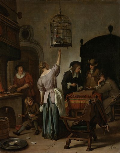 Sisustus, jossa nainen ruokkii papukaijaa, joka tunnetaan nimellä "The Papukaijahäkki", n. 1660-70 (öljy kankaalle paneelissa) tekijältä Jan Havickszoon Steen