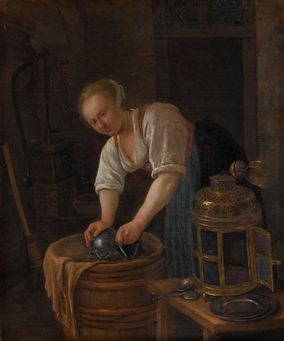 Nainen hankaamassa metalliesineitä, 1650-60 tekijältä Jan Havickszoon Steen