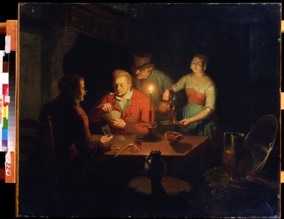 Korttipeli. Jan Hendrik van Grootveldin (1808-1855) maalaus. Öljy puulle, 70 x 93 cm, 1800-luvun hollantilaista taidetta. Kaukoidän museo, Habarovsk (Venäjä). tekijältä Jan Hendrick van Grootvelt