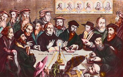 Valo asetetaan kynttilänjalkaan - Jan HOUWENSin kaiverrus, jossa näkyvät uskonpuhdistajat - John Calvin ja Martin Luther Reformistien johtajien kuvitteellinen kokous: John Wyclif (tai Wycliff tai Wycliffe tekijältä Jan Houwens
