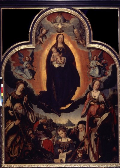 ""La Vierge en Gloire"" (Neitsyen kirkkaus) Neitsyttä ja Jeesusta Kristusta ympäröivien henkilöiden joukossa: kuningas Daavid soittamassa harppua, Rooman keisari Augustus (Caius Julius Caesar Octavianus Augustus) (63 eKr. - 14 jKr.), profeetat tekijältä Jan II Provost