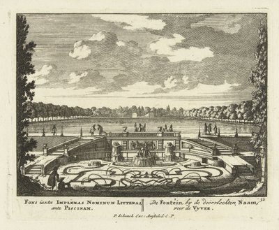 Suihkulähde suuren lammen äärellä Paleis Het Loon puutarhassa, 1695-1705 tekijältä Jan I van Call