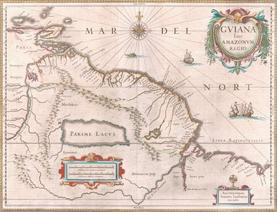 Noin vuonna 1649 luotu kartta, joka kuvaa Guayanan aluetta. Espanjan vaatima alue punaisella lännessä, Hollannin Guayana keltaisella korostettuna ja Portugalin alue punaisella kaakossa. Myyttinen Parime-järvi on myös näkyvissä tekijältä Jan Janssonius