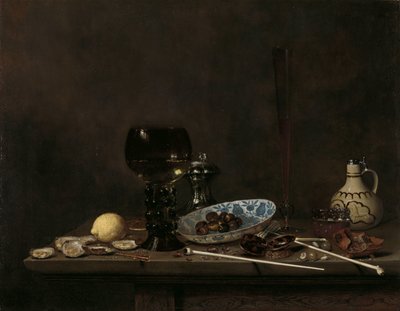Asetelma Roemerin, huilulasien, keramiikkakannun ja putkien kanssa tekijältä Jan Jansz. van de Velde (III)