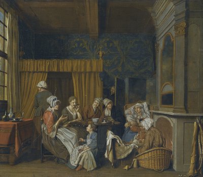 Perhe juo teetä ja juhlii kaksosten syntymää tekijältä Jan Josef Horemans the Younger