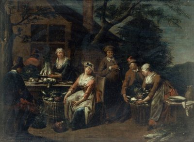 Ryhmä talonpoikia, vihanneksia ja hedelmiä tekijältä Jan Josef the Elder Horemans