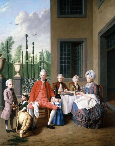 Ryhmämuotokuva van den Boschin perheestä, ruokailemassa talon luona, topiaaripuutarhassa, 1777 tekijältä Jan Josef the Younger Horemans