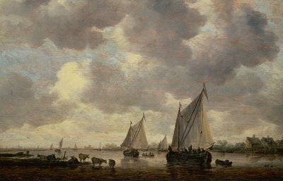 Kanava Hollannissa tai kaksi suurta purjelaivaa ja karjaa lähellä jokea tekijältä Jan Josephsz van Goyen
