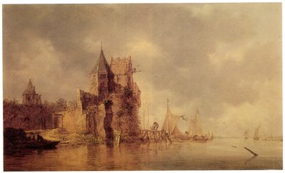 Keskiaikainen torni linnan vallella, purjelaivoja laiturilla ja soutuvene etualalla, n. 1642 (öljy paneelissa) tekijältä Jan Josephsz van Goyen
