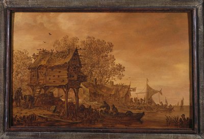 Kylä joen rannalla talonpoikien kanssa veneessä kyyhkysmajan vieressä, 1651 tekijältä Jan Josephsz van Goyen