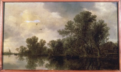 Metsäinen jokimaisema, talonpoikia soutuveneessä mökin vieressä ja lautalla, kaukaa purjevene, 1633 tekijältä Jan Josephsz van Goyen