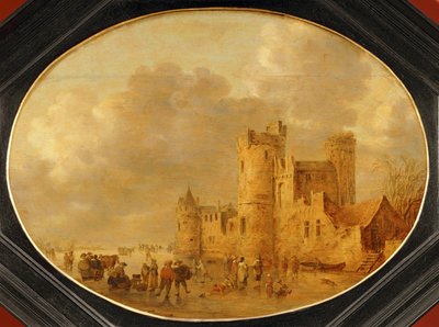 Luistelijat keskiaikaisen linnan edessä ... tekijältä Jan Josephsz van Goyen