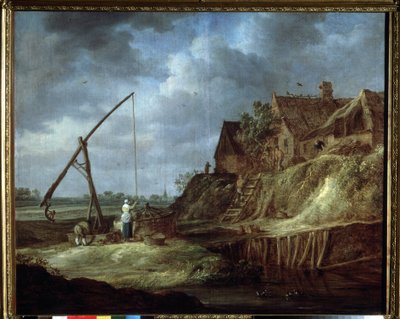 ""Maisema kaivolla"" Talot tai hollantilainen maalaistalo olkikattoisella katolla. (Maisema vetokaivolla) Jan Josefsz van Goyenin (1596-1656) maalaus 1642 Pushkin-museo, Moskova tekijältä Jan Josephsz van Goyen