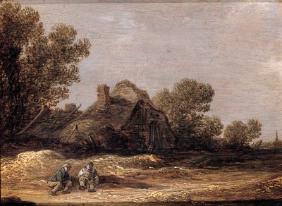 Talonpojat lepäävät radalla maatilan vieressä - fragmentti tekijältä Jan Josephsz van Goyen