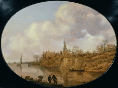 Kolme kalastajaa nostamassa verkkoa ja koreja joen rannalla Maisema, jossa on linna ja kylä kaukana tekijältä Jan Josephsz van Goyen