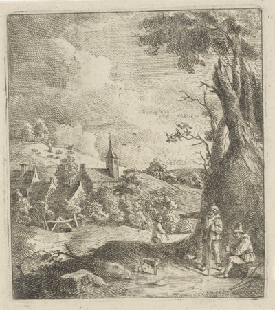 Maisema kylä ja kaksi miestä puun vieressä tekijältä Jan Lauwryn Krafft (I) (attributed to)