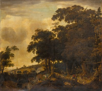 Metsäinen maisema puunhakkureilla (öljy) tekijältä Jan Looten