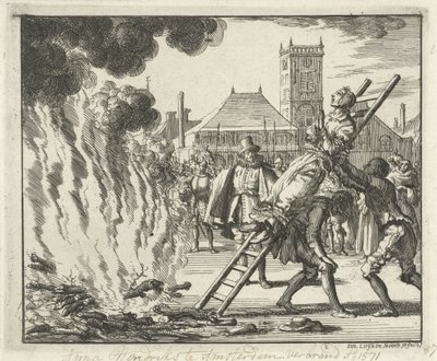 Anneken Hendriks, sidottu tikkaille, poltettu Amsterdamissa, 1571, 1685 tekijältä Jan Luyken