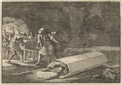 Rooman hautauspalvelijat näkevät, että Antonio Marlini, jonka he olivat hautaaneet holviin muutama päivä aiemmin, oli ilmeisesti kuollut, 1696 tekijältä Jan Luyken