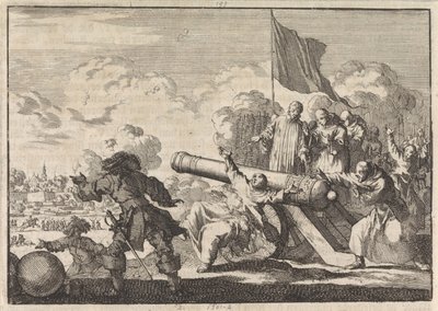 Groningenin piiritys, jossa kuusi munkkia siunaa tykin, 1672 tekijältä Jan Luyken
