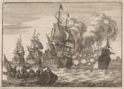 Valenciassa kolme ranskalaista laivaa hyökkää amiraali Tourvillen johdolla espanjalaisen amiraali Papachinoon, koska se ei tervehtinyt tarpeeksi nopeasti, 1688 tekijältä Jan Luyken