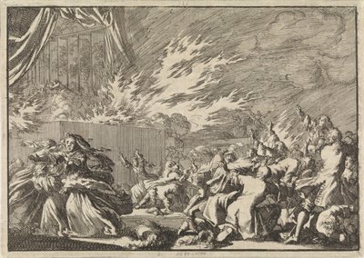 Puuvajan tulipalo, jossa teatteriesitys tapahtuu Amelienborgin linnan vieressä Kööpenhaminassa, 1689 tekijältä Jan Luyken