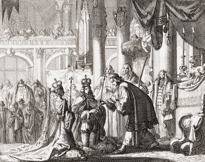 Kuningas Vilhelm III:n ja kuningatar Maria II:n kruunajaiset 11. huhtikuuta tekijältä Jan Luyken