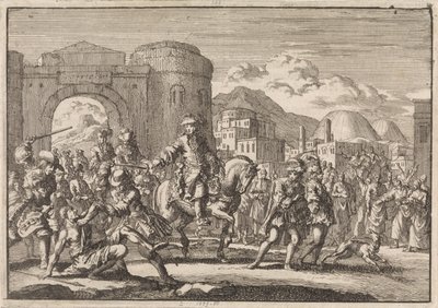 Ranskan lähettiläs sulttaanin luona saapuu Jerusalemiin hevosen selässä vuonna 1674 tekijältä Jan Luyken