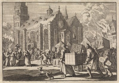 Spirersin asukkaat hyvässä uskossa tuovat huonekalunsa katedraaliin, jossa ranskalainen kenraali Monclar, 1689, polttaa ne. tekijältä Jan Luyken