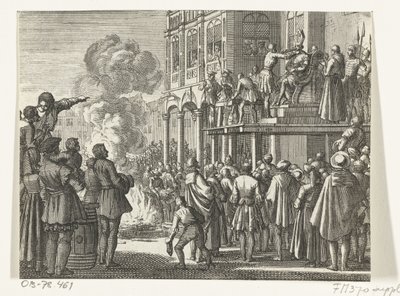 Jacob van Campen hiippa päässään mestauslavalla Amsterdamissa, 1535 tekijältä Jan Luyken