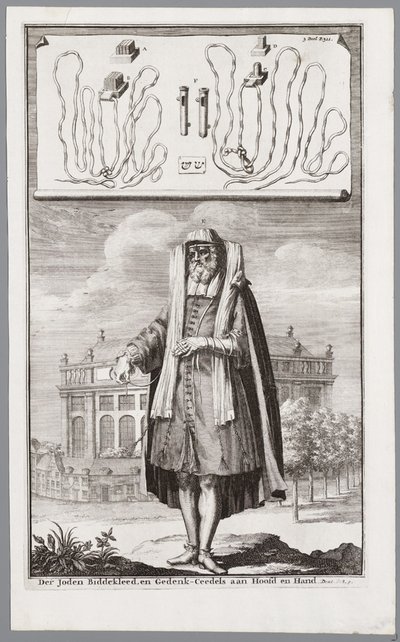 Juutalainen mies, pukeutunut rukoukseen. Taustalla Amsterdamin portugalilainen synagoga tekijältä Jan Luyken