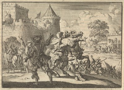 Keisarillinen komentaja Dampier putoaa hevoseltaan laukauksen jälkeen Presburgin (Bratislava) muureista, 1620 tekijältä Jan Luyken