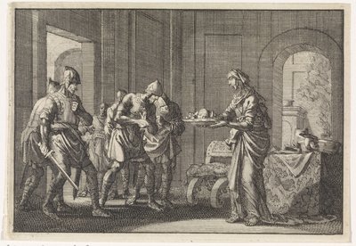 Äiti näyttää sotureille syödyn lapsensa jäänteitä Jerusalemin nälänhädän aikana vuonna 1704. tekijältä Jan Luyken