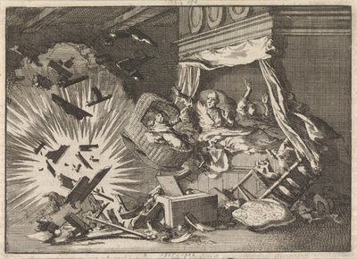 Pommin räjähdys talossa Ebbingestraatilla Groningenissa, 1672 tekijältä Jan Luyken