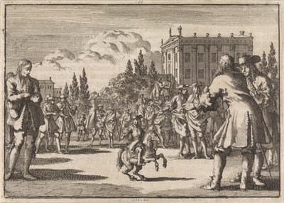 Madridin aukiolle väkijoukko on kokoontunut Louisillon, Espanjan kuninkaan kääpiön ympärille, 1675 tekijältä Jan Luyken
