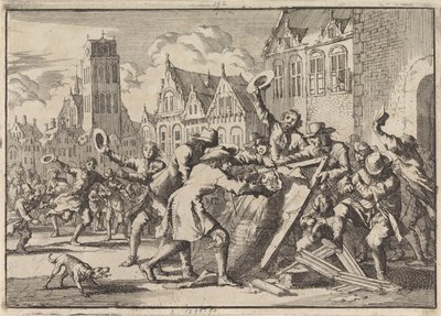 Dordrechtin mellakka, jossa ihmiset tuhosivat Cornelis de Wittin kuvan, 1672 tekijältä Jan Luyken