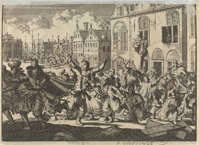 Enkhuizenin kapina, jossa vara-amiraalien Kwastin ja Turkin talot tuhoutuvat, 1635 tekijältä Jan Luyken