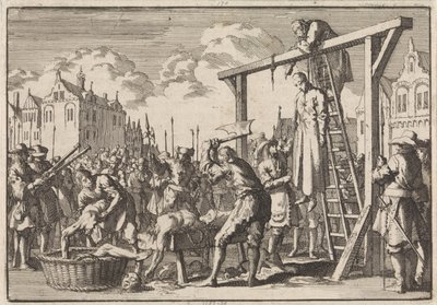 Lontoossa jesuiitta William Ireland hirtetään ja John Grove asetetaan aiottuun hallinnonmurhaan, 1679 tekijältä Jan Luyken