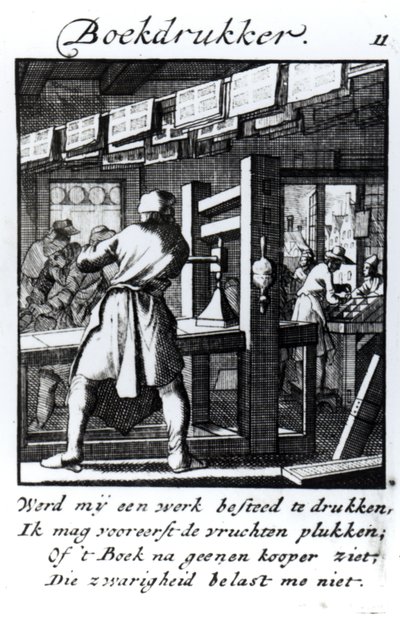 Kirjapainokone, Abraham van St. Claran ammattikirjasta "Iets voor Allen", 1736 (kaiverrus) tekijältä Jan Luyken