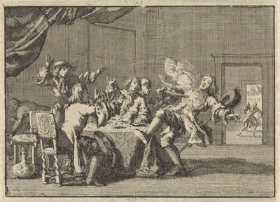 Thomas Tullock, Skotlannin kuningas James II:n kannattaja, kuolee hänen aseensa odottamattomassa laukaisussa, 1690 tekijältä Jan Luyken