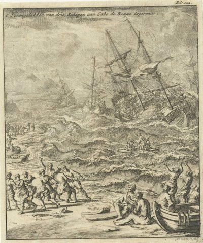 Haaksirikko Hyväntoivon niemellä, 1693 Kolmen laivan törmäys Cabo de Bonne Esperancessa (otsikko esineessä) tekijältä Jan Luyken