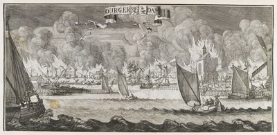 Näkymä Durgerdamin kylästä, lähellä Amsterdamia, vuoden 1687 palon aikana (kaiverrus) tekijältä Jan Luyken