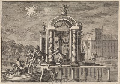 Pyroteknikot pakenevat Vijverbergin suuresta koristeesta Haagissa kuningas Jaakob II:n pojan syntymän kunniaksi, 1688 tekijältä Jan Luyken