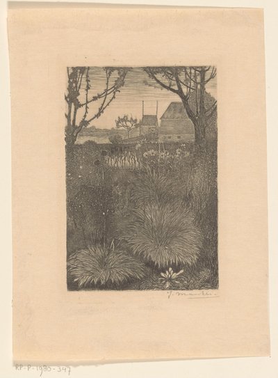 Näkymä puutarhaan, jossa on pensaita ja auringonkukkia Syksypuutarha (alkuperäinen nimi) tekijältä Jan Mankes (signed by artist)