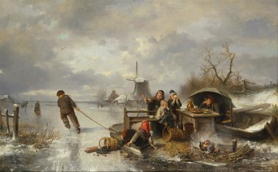 Lapset leikkivät jäätyneellä järvellä talvimaisemassa (öljy kankaalle) tekijältä Jan Mari Henri Ten Kate