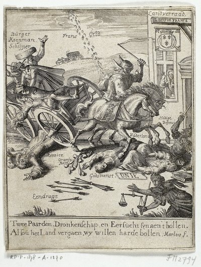 Sarjakuva Amsterdamin väitetystä ranskalaismielisyydestä, 1690 tekijältä Jan Marlois