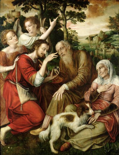 Tobias parantaa isänsä sokeutta, 1563 tekijältä Jan Massys or Metsys