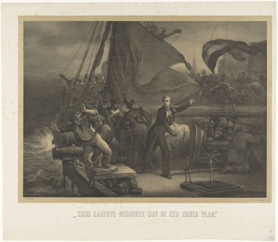 Jan van Speijk heittämässä sulaketta ruumaan, 1831 Hänen viimeinen ajatuksensa oli lippunsa kunnia (otsikko esineessä) tekijältä Jan Mesker