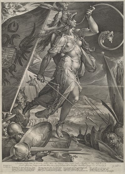 Bellona johtaa keisarillisia armeijoita turkkilaisia vastaan tekijältä Jan Muller after Bartholomaeus Spranger