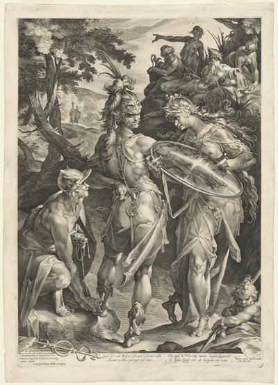 Minerva ja Mercury aseistavat Perseusta tekijältä Jan Muller, after Bartholomaeus Spranger